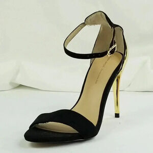 Zara Basic Size 36 (US 5.5-6) Women's Black Suede Ankle Strap Gold Heel Pumps